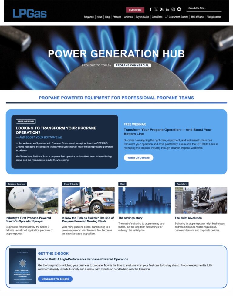 Example resource center: the Power Generation Hub on lpgasmagazine.com, brought to you by Propane Commercial